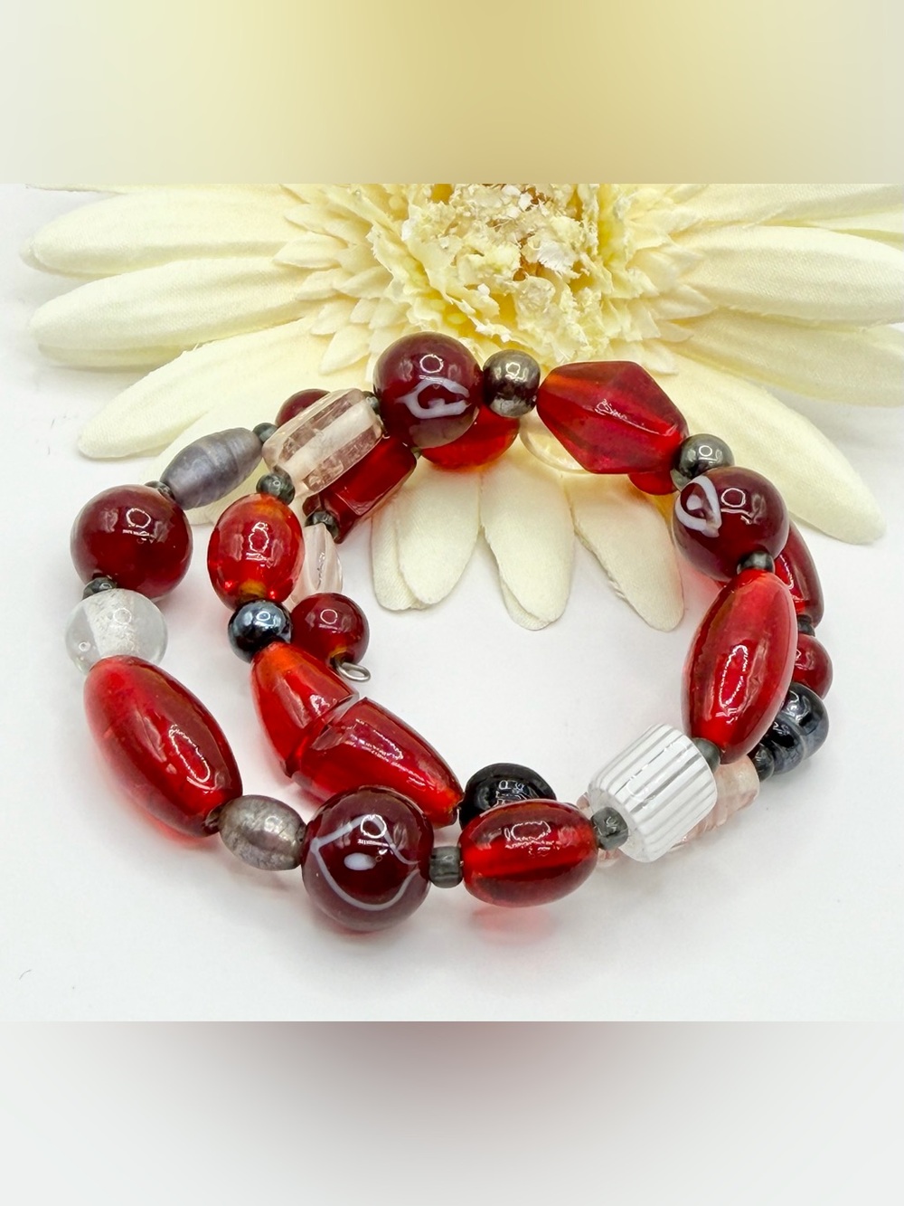 Handcrafted Red Glass Bead Stretch Bracelet